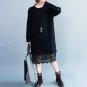 New Womens Long Sleeve Lace Crochet Stitching Party Long Tops Midi Dress Fall Round Neck Loose Casua