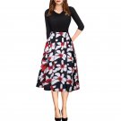 2017 New Women Midi Dresses Casual Vintage Elegant Autumn Vestidos V-Neck 3/4 Sleeve Splice Floral P