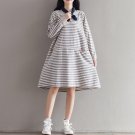Women Ladies Retro Vintage Stripe Splice Pockets Long Sleeve Round Neck Casual Fashion Shirt Dress V
