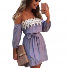 Blue Striped Summer Dress Women Cold Shoulder Lace Dress Casual Three Quarter Sleeve Party Short Min