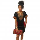 Women Dress Sexy Slim Ethnic Style Print V-collar Casual Short Sleeve Bodycon Black  Dresses Plus Si