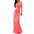 2016 New Women\'s Dress Summer Autumn Spring Solid V-neck 3/4 Sleeve High Waist Long Maxi Dress Pure