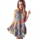 Vintage Boho Dress Womens Summer colorful Halter Maxi Evening Party Floral Printing Loose Bohemian M