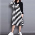 Women Autumn New Fashion Midi Shift Dress Casual Loose Striped Stitching Bat Long Sleeve Stand Colla