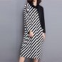 Women Autumn New Fashion Midi Shift Dress Casual Loose Striped Stitching Bat Long Sleeve Stand Colla