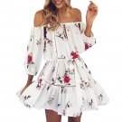 Fashion Floral print Summer Dress Womens Off Shoulder Sundress Three Quarter Sexy Slash Neck Party B