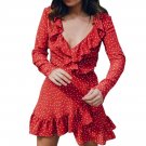 Women\'s Summer Dresses Sexy Ruffles V Neck Mini Dress Long Sleeve Beach Style Dot Chiffon Dress Red