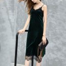 2017 Women Sexy Lace Velvet Midi Dress Lady Spaghetti Strap Sleeveless Backless Split  Casual Solid 