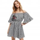 Plaid Flare Sleeve Off Shoulder Dress Women Ladies Casual Appliques Mini Dress Party High Quality Dr