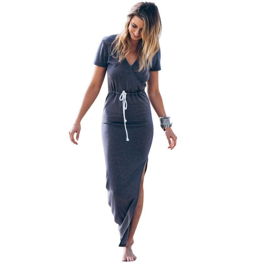 Pencil Furcal Dress For Women  Fashion Slender Short Sleeve Long Dress with Sashes Deep V #LYW