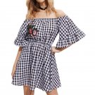 Fashion 2017 Sexy New Women Off Shoulder Butterfly Sleeve Mini Dress Plaid Print Embroidery Patchwor