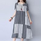 Women Retro Striped Patchwork O Neck Short Sleeve Pockets Sundress Long Shirt Dress Loose Casual Par