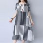 Women Retro Striped Patchwork O Neck Short Sleeve Pockets Sundress Long Shirt Dress Loose Casual Par