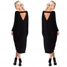 Summer Autumn Women Dress Party sexy Long sleeve beach loose backless Casual Solid Black Brown Long 