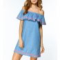 New Womens Slash Neck Short Sleeve Summer Casual Denim Blue Ruffles Off Shoulder Sundress 2017 Party