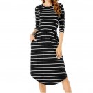 Three Quarter Autumn Dress Women Striped Fashion Irregular Knee Length O-Neck Casual Loose Dress Bla