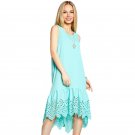 Summer Womens Mint Green Dress Hollow Out Fringe Back Short Front Long Back Irregular Tank Swing Dre