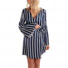 Fashion Flare Autumn Dress Women Casual Stripe V Collar Dress Long Sleeve Mini Dress Party Dress ves