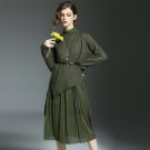 Fashion Irregular Dress Female Early Spring 2017 Long Sleeve Army Green Belt Knit Pleated Ring High 