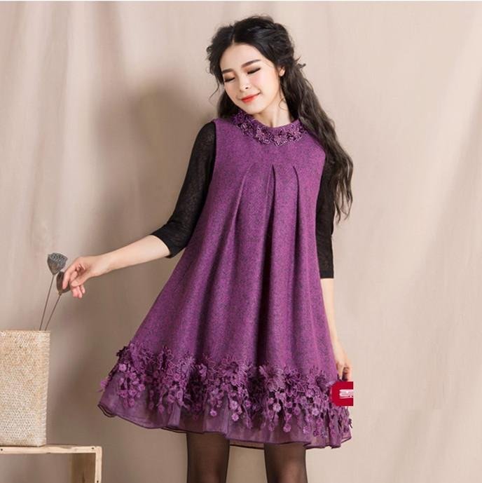 2017 Spring And Winter New Women\'s Sleeveless Loose Vest Dress Women\'s Woolen Purple Flower Embroi