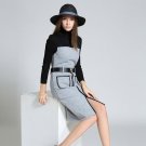 Women Autum Knitted Wool Splicing Denim Jeans Dress Turtleneck Soft Thin Waist Long Sleeve With 2 Po