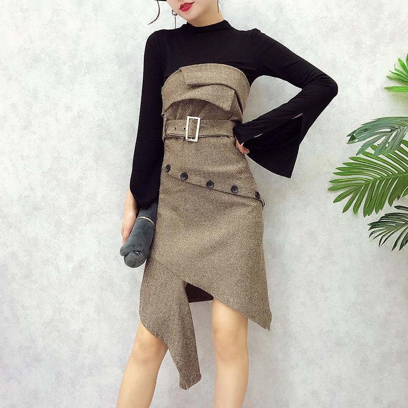 SuperAen Autumn Women\'s Sets 2017 New Temperament Round Neck Long Sleeves Women Tops Irregular Wool