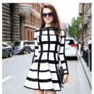 Free shipping Fashion star long sleeved Plaid Wool Dress  black and white plaid dress
