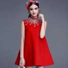 European style 2017 autumn women fashion heavy beaded stand collar woolen dress ladies elegant sleev
