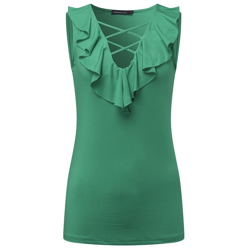 CELMIA Women Sexy Ruffles Blusas 2017 Summer Blouses Shirts Lace Up V-neck Sleeveless Stretch Slim F