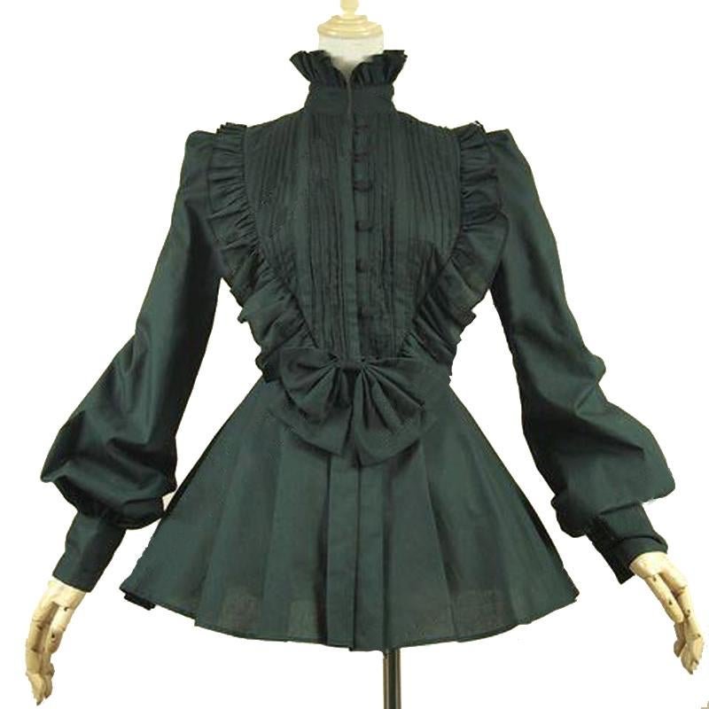Victorian Gothic Pleated Steampunk Black Blouse Top Shirt Theater Vampire Reenactment Clothing