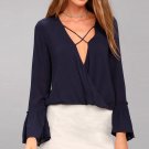 2017 Women Elegant Crossed Deep V Neck Long Bell Sleeve Ruffles OL Casual Autumn Loose Irregular Hem