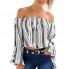 Summer Autumn Chiffon Blouse Womens Summer Flare Long Sleeve Slash Neck Shirt Striped Casual Tops Sh