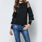 2017 Women Tops Sexy O Neck Flare Sleeve Blouses See Through Mesh Patchwork Ruffles Shirts Blusas Fe
