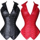 Steampunk Gothic Corset faux Leather Halter Lapel Waist Cincher Bustier Black/Red Slimming Clothing 