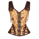 High Quality 12 Steel Bone Rivet Chain Steampunk Rock Overbust Corset Woman Vintage Yellow Faux Leat