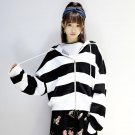 Oversized 2017 Autumn Black and White Stripes Women Casual Hoodies Sweatshirt Coat Pockets Zip Up Ou