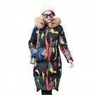 European Autumn Winter Women Printed Parkas Down Coats Raccoon Fur Hoody 90% Duck Down Lady Slim Out