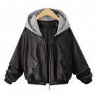Vintage Women Hooded Long Sleeve Moto Coat Casual Winter Zipper Pockets Leather Splice Jacket Loose 