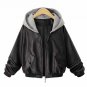 Vintage Women Hooded Long Sleeve Moto Coat Casual Winter Zipper Pockets Leather Splice Jacket Loose 