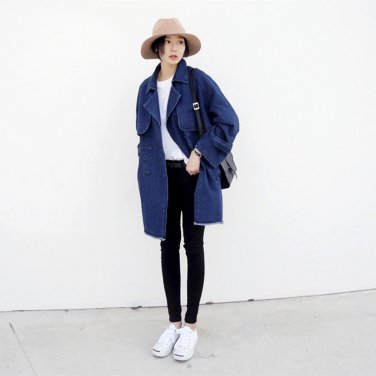 Women Basic Coats Autumn Winter Women Denim Long Jacket 2017 Vintage Long Sleeve Loose Female Jeans 
