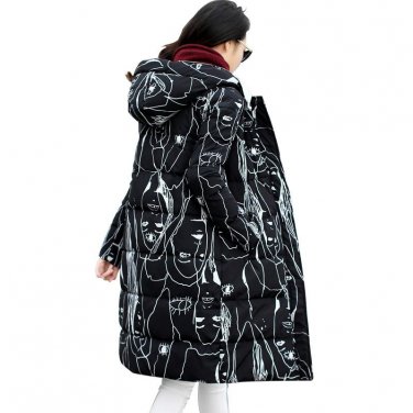 White Duck Down Jacket 2017 Printing Winter Coat Women Black Parka Hooded Maxi Coats Winter Jacket W