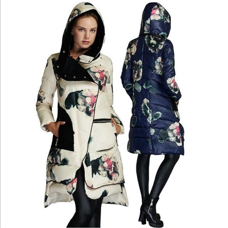 Luxury 2017 Winter Coat Women Long Duck Down Parka Jacket Brand Rose Floral Print Hoody Thicening Pa