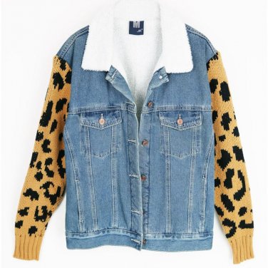 2017 New Winter Female Jean Double Pockets Decorated Leopard Print Blue Thicken Denim Jacket Clothin