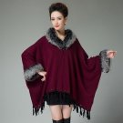 Women\'s Elegant Tassel Bat Sleeve Loose Hoodie Faux Fur Coat Autumn Winter Fox Fur Trim Hood Knitte