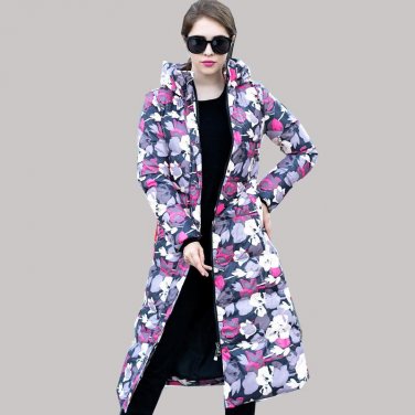 New High Quality Printing Plus Size Slim Long Thick Duck Down Jacket Women Winter Hooded Coat  Black