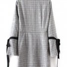 Women New Checked Wrap Stripe  Long Sleeve Coat Fashion Flare Sleeve Lace Up Coat