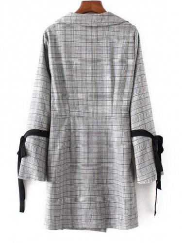 Women New Checked Wrap Stripe  Long Sleeve Coat Fashion Flare Sleeve Lace Up Coat