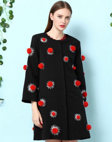 Women Winter Warm Coat Long Sleeve 3D Ball Appliques Plus Size XXXL Casual Loose Vintage Wool Cotton