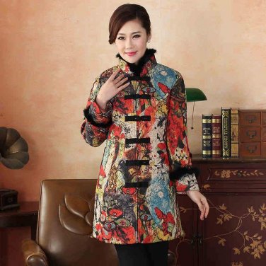 Winter New Women\'s Cotton Wadded Jacket Print Floral Long Cotton-Padded Coat Vintage Chinese Tang S