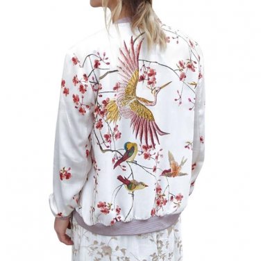 Flower Print Women Basic Coats Long Sleeve Zipper Bomber Jacket Casual Jacket Coat Autumn Winter Str